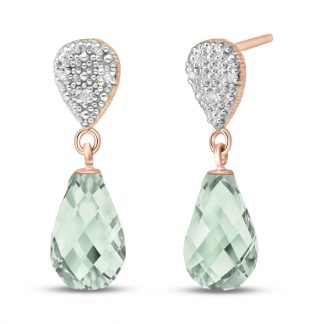 Green Amethyst & Diamond Droplet Earrings in 9ct Rose Gold