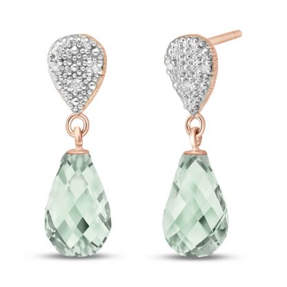 Green Amethyst & Diamond Droplet Earrings in 9ct Rose Gold