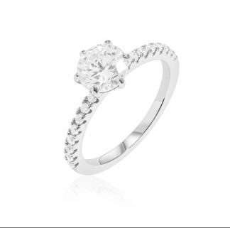 Grand Solitaire Ring with side stones/18K White Gold & Cubic Zirconia