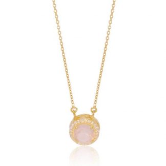 Princess Halo Necklace/18k Yellow Gold with Rose Quartz & White Topaz