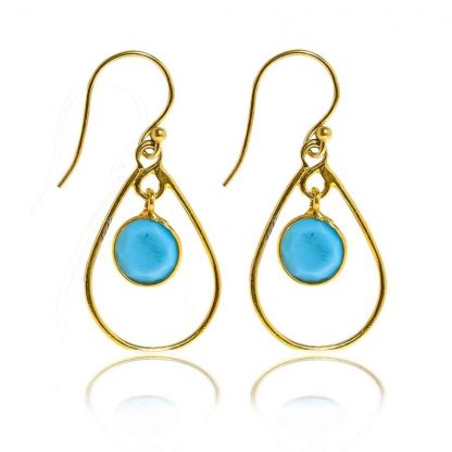 Single Teardrop Hoop Earrings/18K Yellow Gold & Turquoise