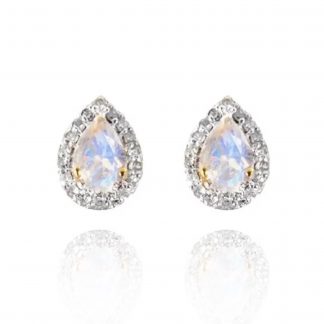 Teardrop Halo Statement Earrings/18k Yellow Gold With Rainbow Moonstone & White Topaz