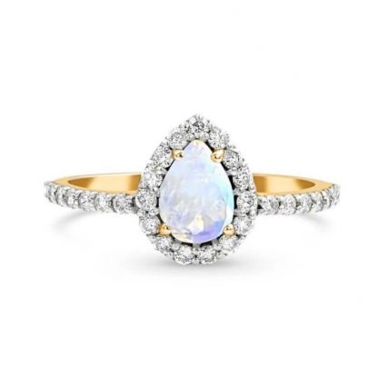 Teardrop Halo Statement Ring/18K Yellow Gold With Rainbow Moonstone & White Topaz