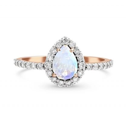 Teardrop Halo Statement Ring/18k Rose Gold with Rainbow Moonstone & White Topaz