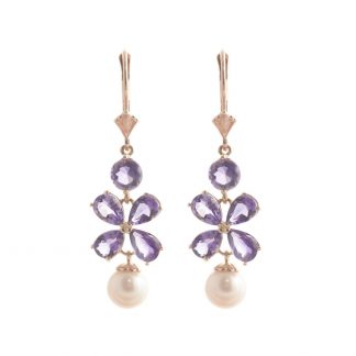 Amethyst & Pearl Blossom Drop Earrings in 9ct Rose Gold