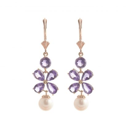 Amethyst & Pearl Blossom Drop Earrings in 9ct Rose Gold