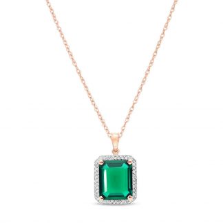 Lab Grown Emerald & Diamond Halo Pendant Necklace in 9ct Rose Gold