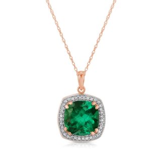 Lab Grown Emerald & Diamond Pendant Necklace in 9ct Rose Gold