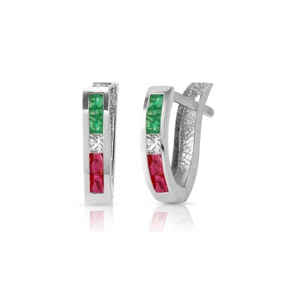 Emerald, White Topaz & Ruby Acute Huggie Earrings in 9ct White Gold