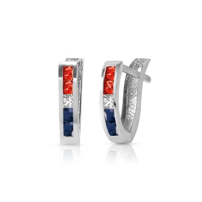 Ruby, White Topaz & Sapphire Acute Huggie Earrings in 9ct White Gold