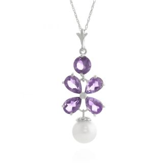Amethyst & Pearl Blossom Pendant Necklace in 9ct White Gold
