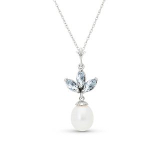Aquamarine & Pearl Petal Pendant Necklace in 9ct White Gold