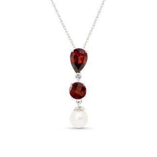 Garnet & Pearl Hourglass Pendant Necklace in 9ct White Gold