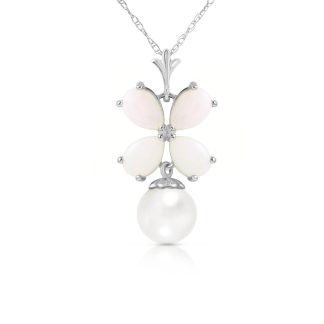 Opal & Pearl Blossom Pendant Necklace in 9ct White Gold