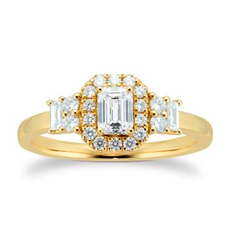 18ct Yellow Gold 0.75cttw Diamond Emerald Cut Halo Ring - Ring Size L