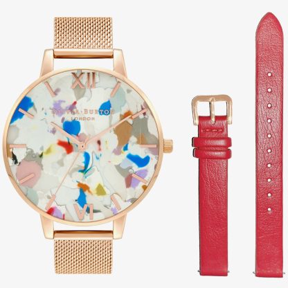 Olivia Burton Pop Art Big Rose Gold-Tone Bracelet & Eco-Vegan Strap Watch Set OBGSET152