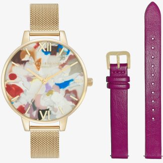 Olivia Burton Pop Art Demi Gold-Tone Bracelet & Eco-Vegan Strap Watch Set OBGSET153