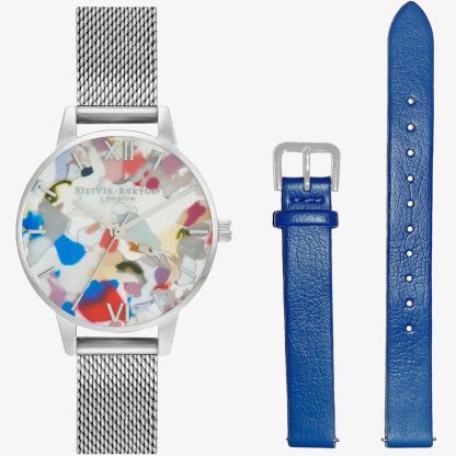 Olivia Burton Pop Art Midi Mesh Bracelet & Eco-Vegan Strap Watch Set OBGSET151