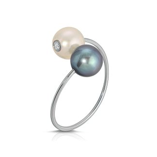 Pearl, Black Pearl & Diamond Ring in 9ct White Gold
