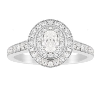 Oval Cut 0.70 Carat Total Weight Double Halo Diamond Ring In 18 Carat White Gold - Ring Size N