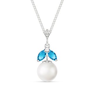 Pearl & Blue Topaz Snowdrop Pendant Necklace in 9ct White Gold