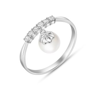 Pearl & Diamond Droplet Ring in 9ct White Gold