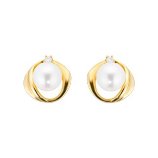 9ct Yellow Gold Fluid Pearl 0.04ct Stud Earrings