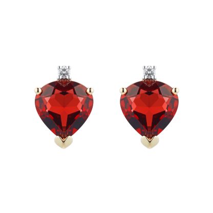 9ct Yellow Gold Heart Garnet And Diamond Stud Earrings