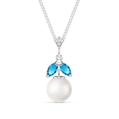 Pearl & Blue Topaz Jessica Timeless Petal Pendant Necklace in 9ct White Gold