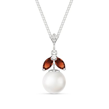 Pearl & Garnet Jessica Timeless Petal Pendant Necklace in 9ct White Gold