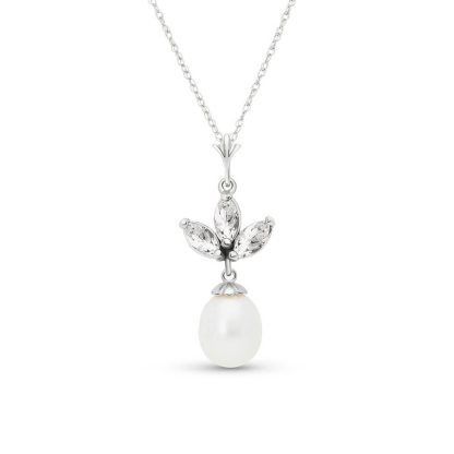 White Topaz & Pearl Maura Timeless Petal Pendant Necklace in 9ct White Gold