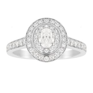 Oval Cut 0.70 Carat Total Weight Double Halo Diamond Ring In 18 Carat White Gold - Ring Size N