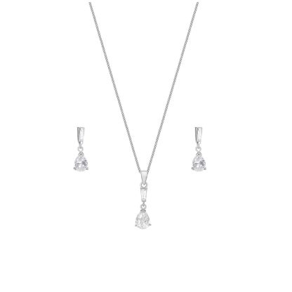 Silver Cubic Zirconia Pear Pendant & Drop Earrings Set