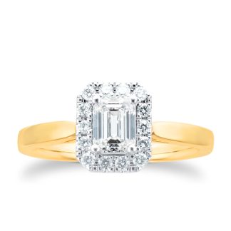 18ct Yellow Gold 0.90cttw Diamond Emerald Cut Halo Ring - Ring Size M