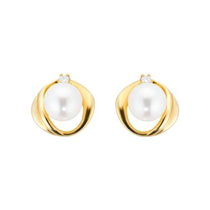 9ct Yellow Gold Fluid Pearl 0.04ct Stud Earrings