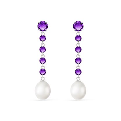 Amethyst & Pearl Alice Feminine Drop Earrings in 9ct White Gold