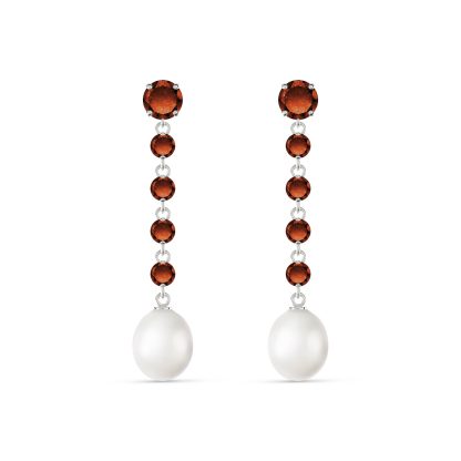 Garnet & Pearl Alice Feminine Drop Earrings in 9ct White Gold