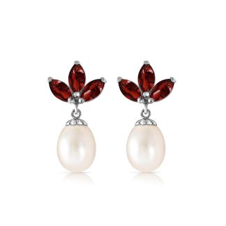 Garnet & Pearl Maura Timeless Petal Drop Earrings in 9ct White Gold