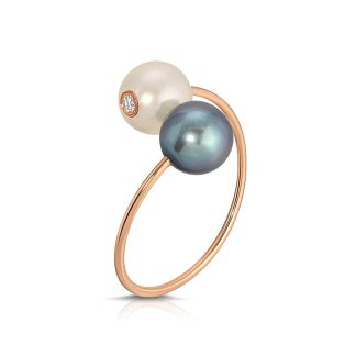 Pearl, Black Pearl & Diamond Ring in 9ct Rose Gold