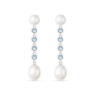 Pearl & Aquamarine Alice Feminine Drop Earrings in 9ct White Gold