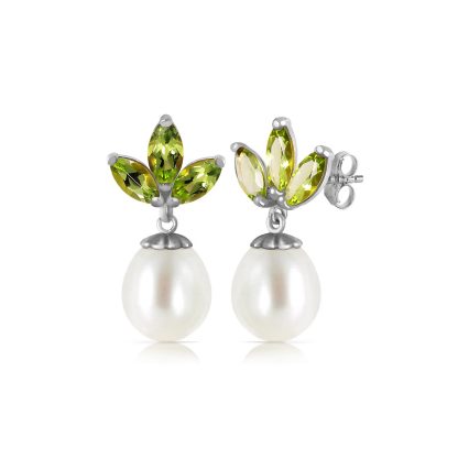 Peridot & Pearl Maura Timeless Petal Drop Earrings in 9ct White Gold