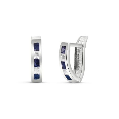 Sapphire & White Topaz Abigail Huggie Earrings in 9ct White Gold, Small