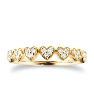 9ct Yellow Gold 0.18ct Diamond Heart Motif Eternity Ring - Ring Size I