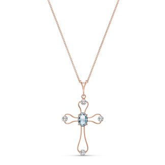 Aquamarine & Diamond Maria Abstract Cross Pendant Necklace in 9ct Rose Gold