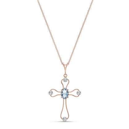 Aquamarine & Diamond Maria Abstract Cross Pendant Necklace in 9ct Rose Gold