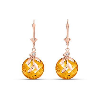 Citrine & Diamond Beatrix Round Leaf Drop Earrings in 9ct Rose Gold