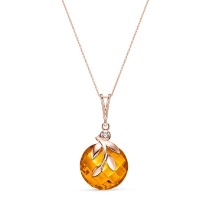 Citrine & Diamond Beatrix Round Leaf Drop Pendant Necklace in 9ct Rose Gold