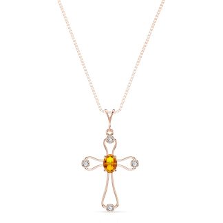 Citrine & Diamond Maria Abstract Cross Pendant Necklace in 9ct Rose Gold