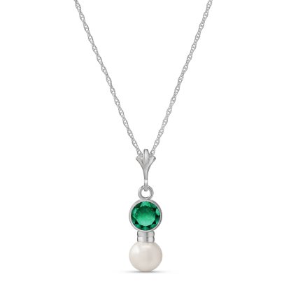 Emerald & Pearl Pheobe Drop Pendant Necklace in 9ct White Gold