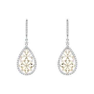 Floresco 18ct White & Yellow Gold 0.50ct Diamond Pear Filigree Drop Earrings